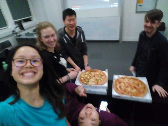 Pizza party (before climbing onto the roof)